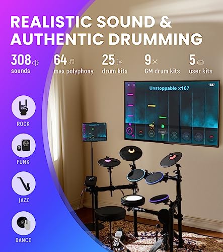 The ONE Polaris Drums, Electric Drum Set with USB MIDI and Bluetooth Audio & USB MIDI Connectivity, Electronic Drum Set with Quiet Mesh Pads, 600+