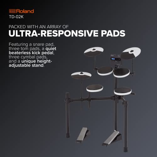 Roland TD-02K V-Drums | Entry-Level Compact Electronic Drum Kit with Expressive Playability, Noise-Reducing Features, Height-Adjustable Stand &