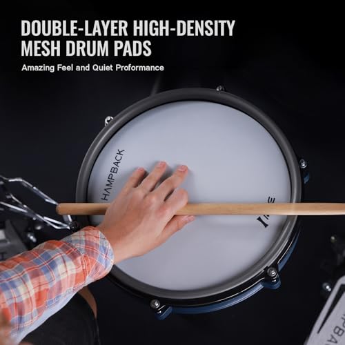 HAMPBACK ACE-360 Electric Drum Set with 8'' Drum Pads, 3x12" Cymbals with Choke, 12" Independent Hi-hat, 5" Bass Drum, 52+ Drum Kits and 918 Sounds
