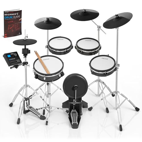 AKLOT Fully-Expandable Electric Drum Set: Independent Stand System, 12" Wooden Snare, Independent Hi-Hat and Triple-Zone Ride Cymbal, Mesh Bass Drum