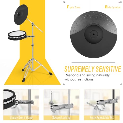AKLOT Fully-Expandable Electric Drum Set: Independent Stand System, 12" Wooden Snare, Independent Hi-Hat and Triple-Zone Ride Cymbal, Mesh Bass Drum