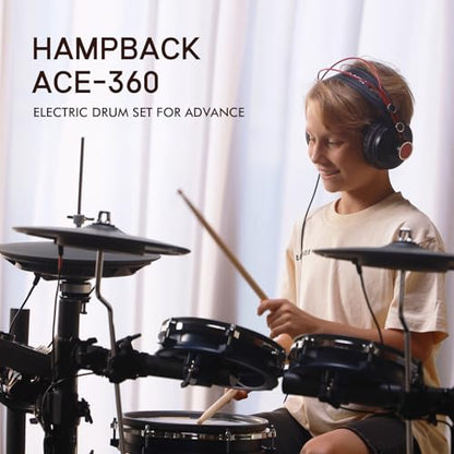 HAMPBACK ACE-360 Electric Drum Set with 8'' Drum Pads, 3x12" Cymbals with Choke, 12" Independent Hi-hat, 5" Bass Drum, 52+ Drum Kits and 918 Sounds