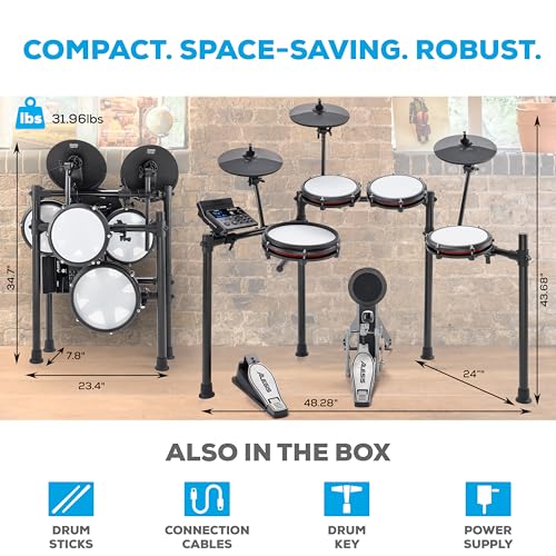 Alesis Nitro Max Kit Compact Electric Drum Kit with Quiet Mesh Pads, 10" Dual-Zone Snare, Bluetooth, 440+ BFD Sounds, Drumeo, USB MIDI, Kick Pedal
