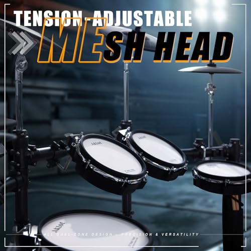 AKLOT Expanded-Size Electric Drum Set: Independent Double Pedal Bass Drum and 10’’ Dual-Zone Snare, Two-Piece Standalone Hi-Hat, 12’’ Triple-Zone