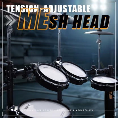 AKLOT Expanded-Size Electric Drum Set: Independent Double Pedal Bass Drum and 10’’ Dual-Zone Snare, Two-Piece Standalone Hi-Hat, 12’’ Triple-Zone