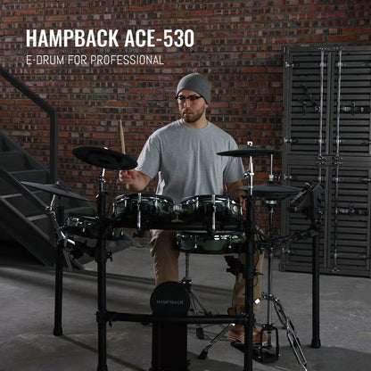 HAMPBACK ACE-530 Electric Drum Set with Double Layers Mesh Heads, Choke Cymbal, Independent Hi-hat Stand, Restore Authentic Drum Sound & Percussive