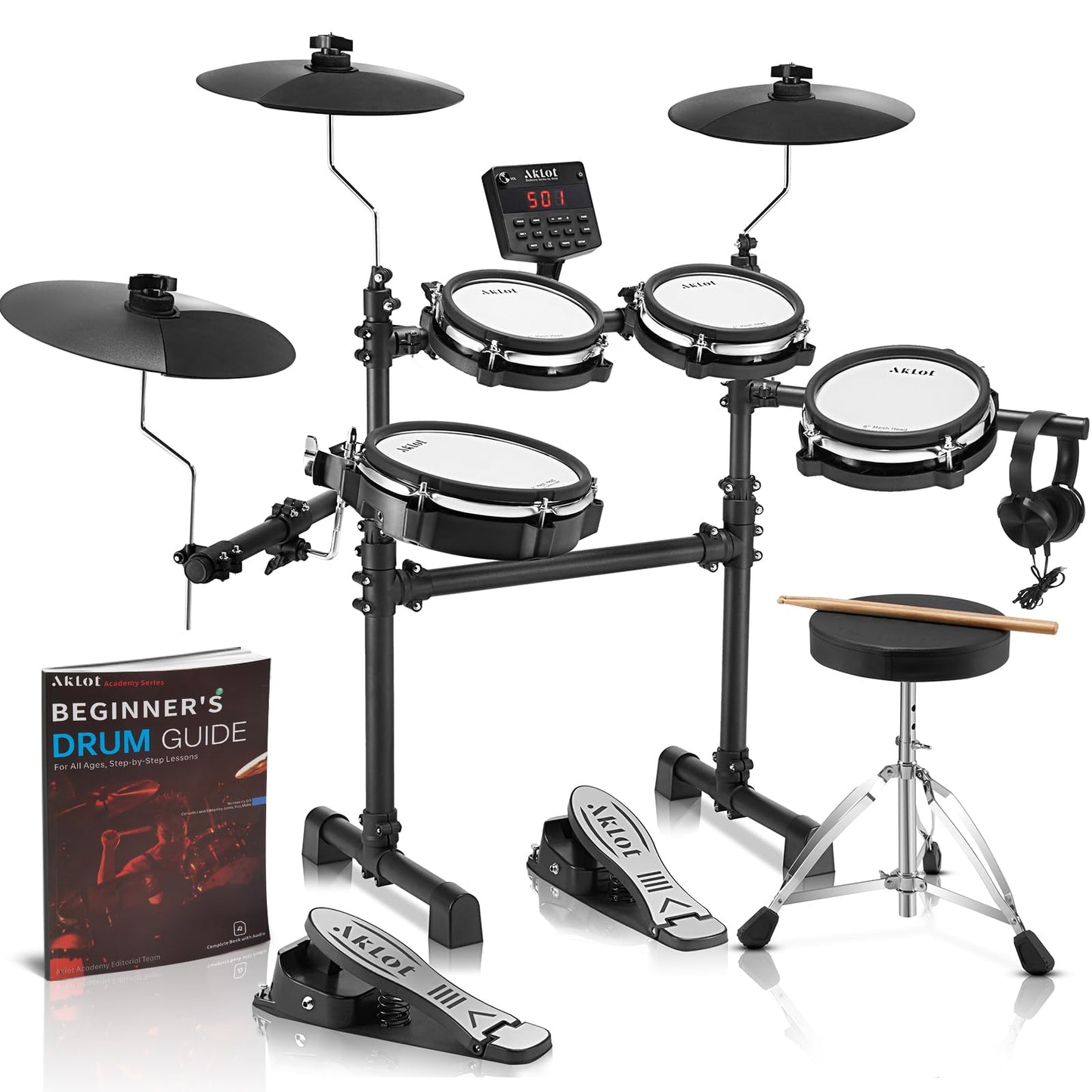 AKLOT Fully-Expandable Electric Drum Set: Independent Stand System, 12" Wooden Snare, Independent Hi-Hat and Triple-Zone Ride Cymbal, Mesh Bass Drum