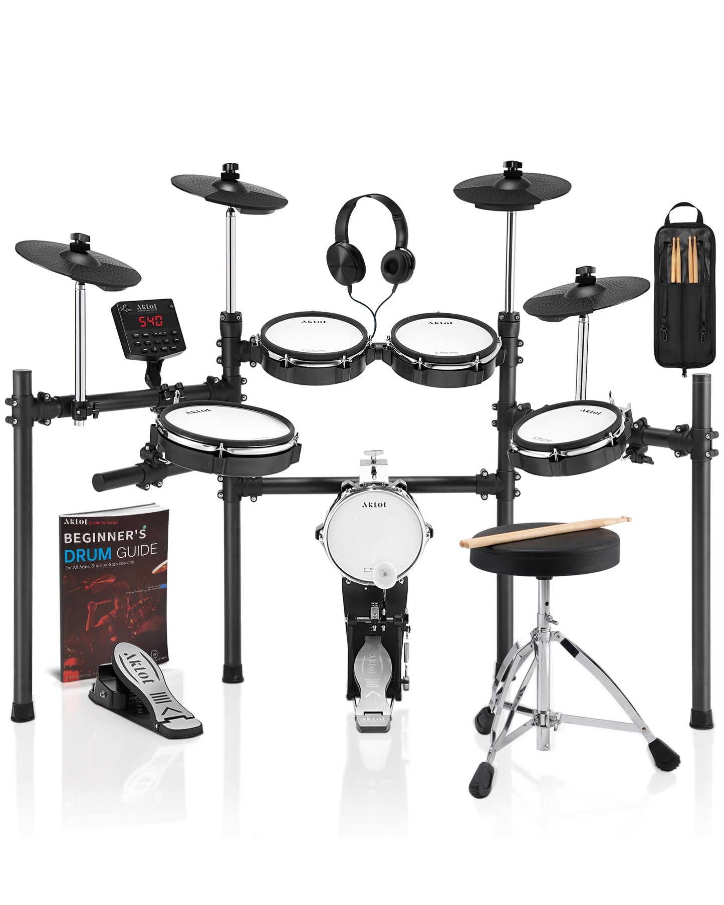 AKLOT Fully-Expandable Electric Drum Set: Independent Stand System, 12" Wooden Snare, Independent Hi-Hat and Triple-Zone Ride Cymbal, Mesh Bass Drum