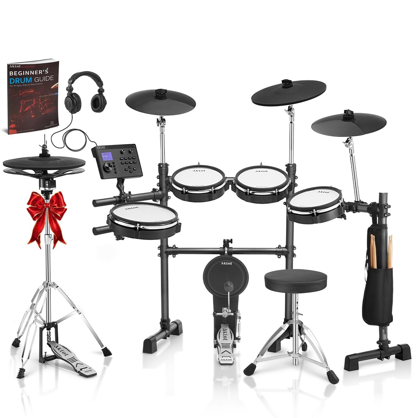 AKLOT Fully-Expandable Electric Drum Set: Independent Stand System, 12" Wooden Snare, Independent Hi-Hat and Triple-Zone Ride Cymbal, Mesh Bass Drum