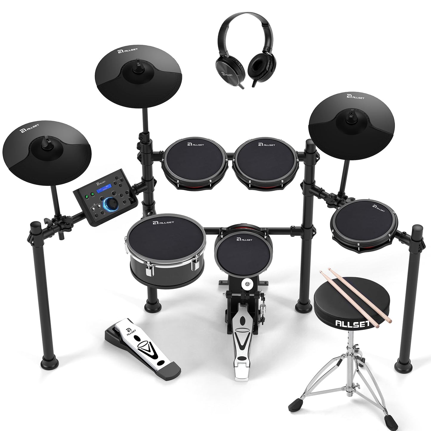 AKLOT Fully-Expandable Electric Drum Set: Independent Stand System, 12" Wooden Snare, Independent Hi-Hat and Triple-Zone Ride Cymbal, Mesh Bass Drum