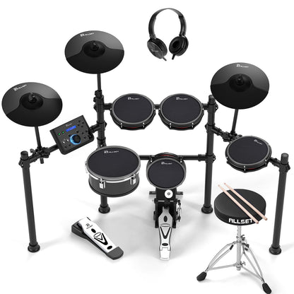 AKLOT Fully-Expandable Electric Drum Set: Independent Stand System, 12" Wooden Snare, Independent Hi-Hat and Triple-Zone Ride Cymbal, Mesh Bass Drum