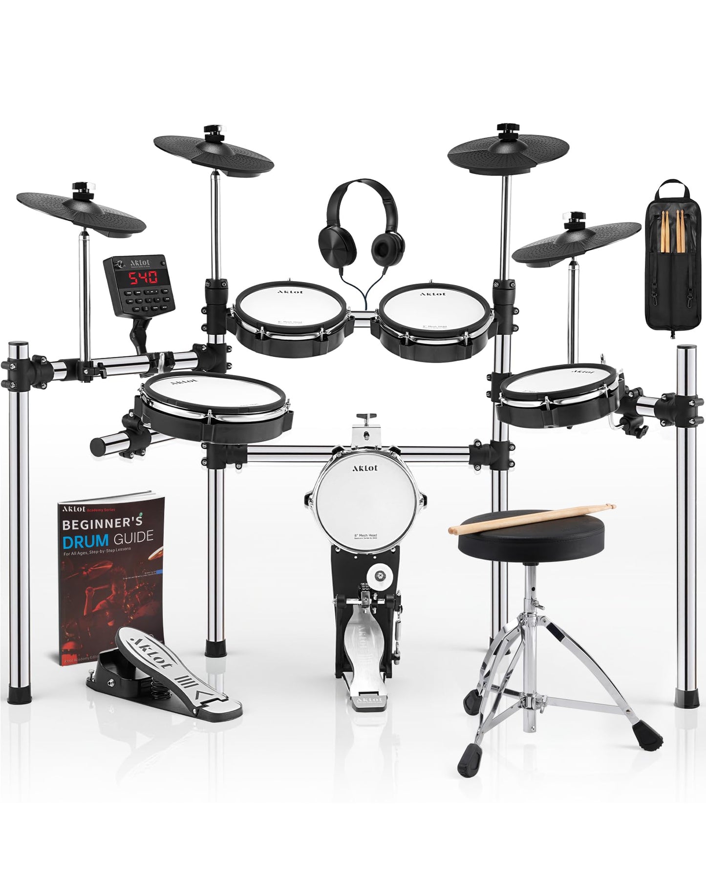 AKLOT Fully-Expandable Electric Drum Set: Independent Stand System, 12" Wooden Snare, Independent Hi-Hat and Triple-Zone Ride Cymbal, Mesh Bass Drum