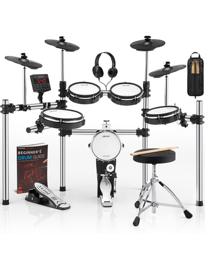 AKLOT Fully-Expandable Electric Drum Set: Independent Stand System, 12" Wooden Snare, Independent Hi-Hat and Triple-Zone Ride Cymbal, Mesh Bass Drum