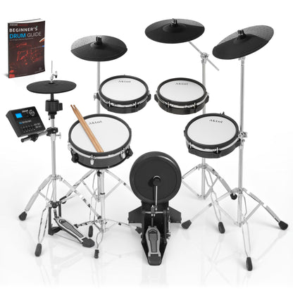 AKLOT Fully-Expandable Electric Drum Set: Independent Stand System, 12" Wooden Snare, Independent Hi-Hat and Triple-Zone Ride Cymbal, Mesh Bass Drum
